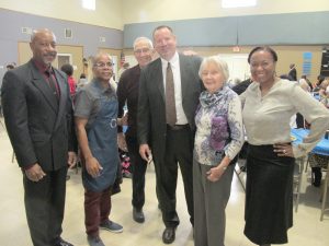 Bidding farewell to the church’s pulpit minister, David Hamilton, center, are from left: Dan King (family life minister), Dr. Gary Bell, (deacon, who doubles as the church’s chef), member Leon Philpot, Hamilton, member Jane Farley (whose late husband, Jim, built the church building) and member Valissia Palmer. (Photo/Barbara Ball)