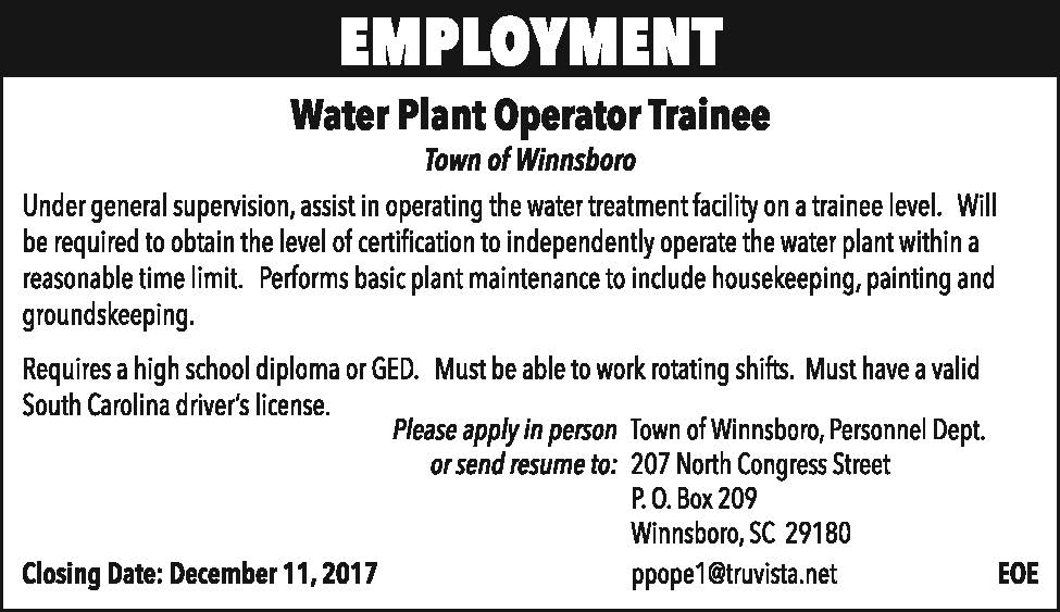 Employment Town of Winnsboro Water Plant Operator Trainee The Voice
